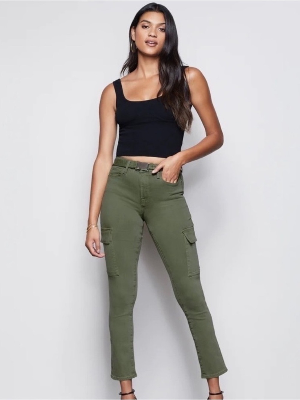 Good American On Duty Cargo Pants Olive Green High Rise Utility Skinny Size 29